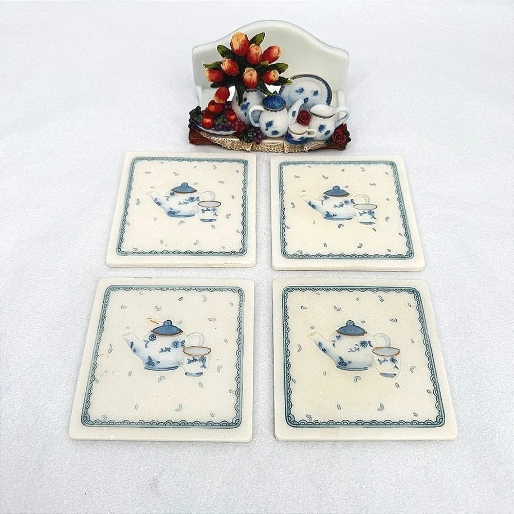 Richesco Corporation Coaster Set Blue White Teapot Floral 5 Piece Set ***READ**